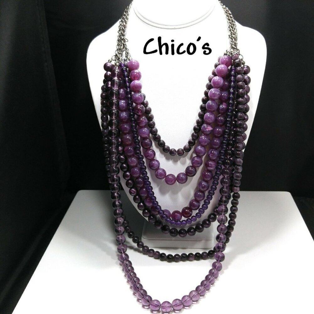 Chico's Purple Multi-Strand Acrylic Layered Bead Necklace, Gunmetal Gray Chains
